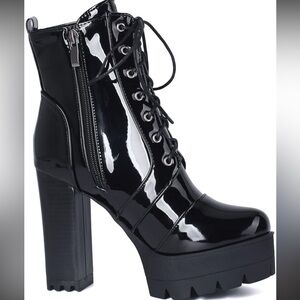 Lace Up Chunky Platform heel Ankle Boots Patent Leather Block high heel Bootie